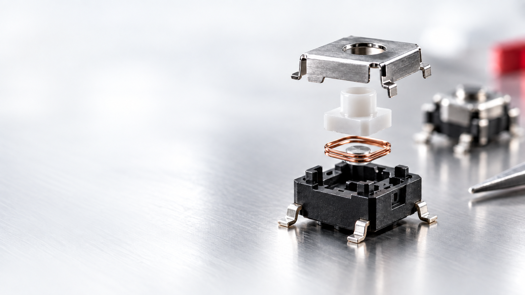 Exploded view of a precision switch cover, actuator, contacts and base